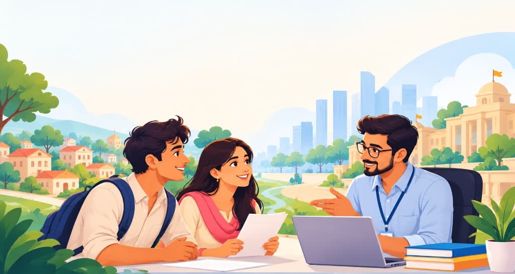 A mentor helping two young people at a laptop, with a city and campus behind them